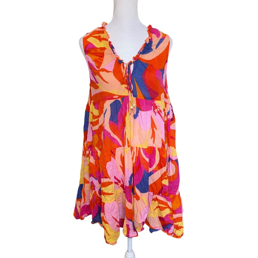 True Destinations Cotton Abstract Floral Tiered Mini Coverup Dress M